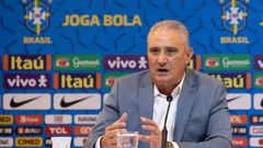 Handout picture released by the Brazilian Football Confederation (CBF) showing Brazil&#039;s football team coach Tite speaking during a press conference at the CBF headquarters announcing the list of players for the friendly matches against South Korea an