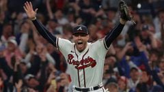  Freddie Freeman #5 of the Atlanta Braves celebrates after defeating the Los Angeles Dodgers in Game Six of the National League Championship Series at Truist Park on October 23, 2021, in Atlanta, Georgia.