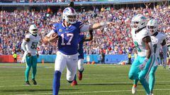 ORCHARD PARK, NEW YORK - OCTOBER 01: Josh Allen #17 of the Buffalo Bills runs the ball for a touchdown against the Miami Dolphins during the fourth quarter at Highmark Stadium on October 01, 2023 in Orchard Park, New York.   Timothy T Ludwig/Getty Images/AFP (Photo by Timothy T Ludwig / GETTY IMAGES NORTH AMERICA / Getty Images via AFP)