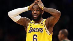 BOSTON, MASSACHUSETTS - JANUARY 28: LeBron James #6 of the Los Angeles Lakers reacts during the fourth quarter against the Boston Celtics at TD Garden on January 28, 2023 in Boston, Massachusetts. The Celtics defeat the Lakers in overtime 125-121.   Maddie Meyer/Getty Images/AFP (Photo by Maddie Meyer / GETTY IMAGES NORTH AMERICA / Getty Images via AFP)