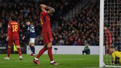 GLASGOW, SCOTLAND - MARCH 28: Spain's Joselu looks dejected after missing a good chance during a UEFA Euro 2024 Qualifier between Scotland and Spain at Hampden Park, on March 28, 2023, in Glasgow, Scotland. (Photo by Craig Foy/SNS Group via Getty Images)