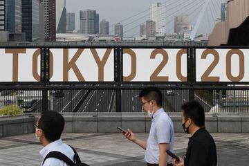 The logo of Tokyo 2020 is displayed near Odaiba Seaside Park in Tokyo on July 7, 2021, as reports said the Japanese government plans to impose a virus state of emergency in Tokyo during the Olympics.