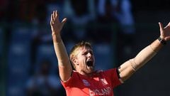 England's David Willey successfully appeals for a LBW decision against Afghanistan's Mohammad Shahzad.