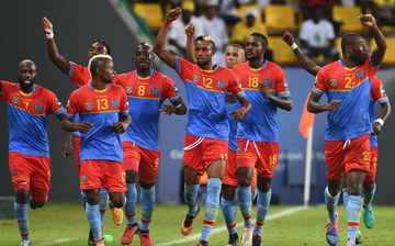 Democratic Republic of the Congo's players celebrate a goal during the 2017 Africa Cup of Nations group C football match between Togo and DR Congo in Port-Gentil