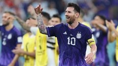 Argentina's forward #10 Lionel Messi gestures to fans along with teammates after winning the Qatar 2022 World Cup Group C football match between Poland and Argentina at Stadium 974 in Doha on November 30, 2022. (Photo by Giuseppe CACACE / AFP)