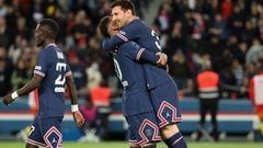 Lionel Messi celebrates with Neymar after scoring for Paris Saint-Germain against Lens.