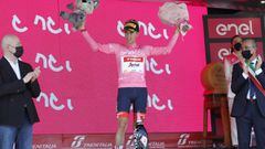 Juanpe L&oacute;pez, en uno de los podios del Giro de Italia.