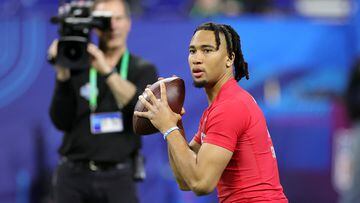 INDIANAPOLIS, INDIANA - MARCH 04: CJ Stroud of Ohio State participates in a drill during the NFL Combine at Lucas Oil Stadium on March 04, 2023 in Indianapolis, Indiana.   Stacy Revere/Getty Images/AFP (Photo by Stacy Revere / GETTY IMAGES NORTH AMERICA / Getty Images via AFP)