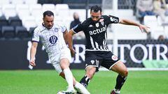 Gabriel SUAZO URBINA of Toulouse and Himad ABDELLI of Angers Sco during the Ligue 1 Uber Eats match between Angers and Toulouse at Stade Raymond Kopa on March 12, 2023 in Angers, France. (Photo by Anthony Dibon/Icon Sport via Getty Images)