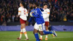 LEICESTER, ENGLAND - APRIL 28: Ademola Lookman of Leicester City celebrates with team mate Kelechi Iheanacho of Leicester City after scoring their sides first goal during the UEFA Conference League Semi Final Leg One match between Leicester City and AS Ro