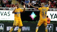 Carlos Salcedo (L) of Tigres celebrates his goal against Guadalajara with teammates during their Mexican Apertura tournament football match, at the Akron stadium, in Guadalajara, Jalisco State, Mexico, on September 13, 2022. (Photo by Ulises Ruiz / AFP)