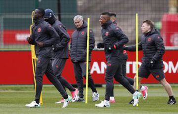 Manchester United hard at work yesterday, preparing for Thursday's Europa League quarter final first leg at the Constant Vanden Stock Stadium, Brussels
