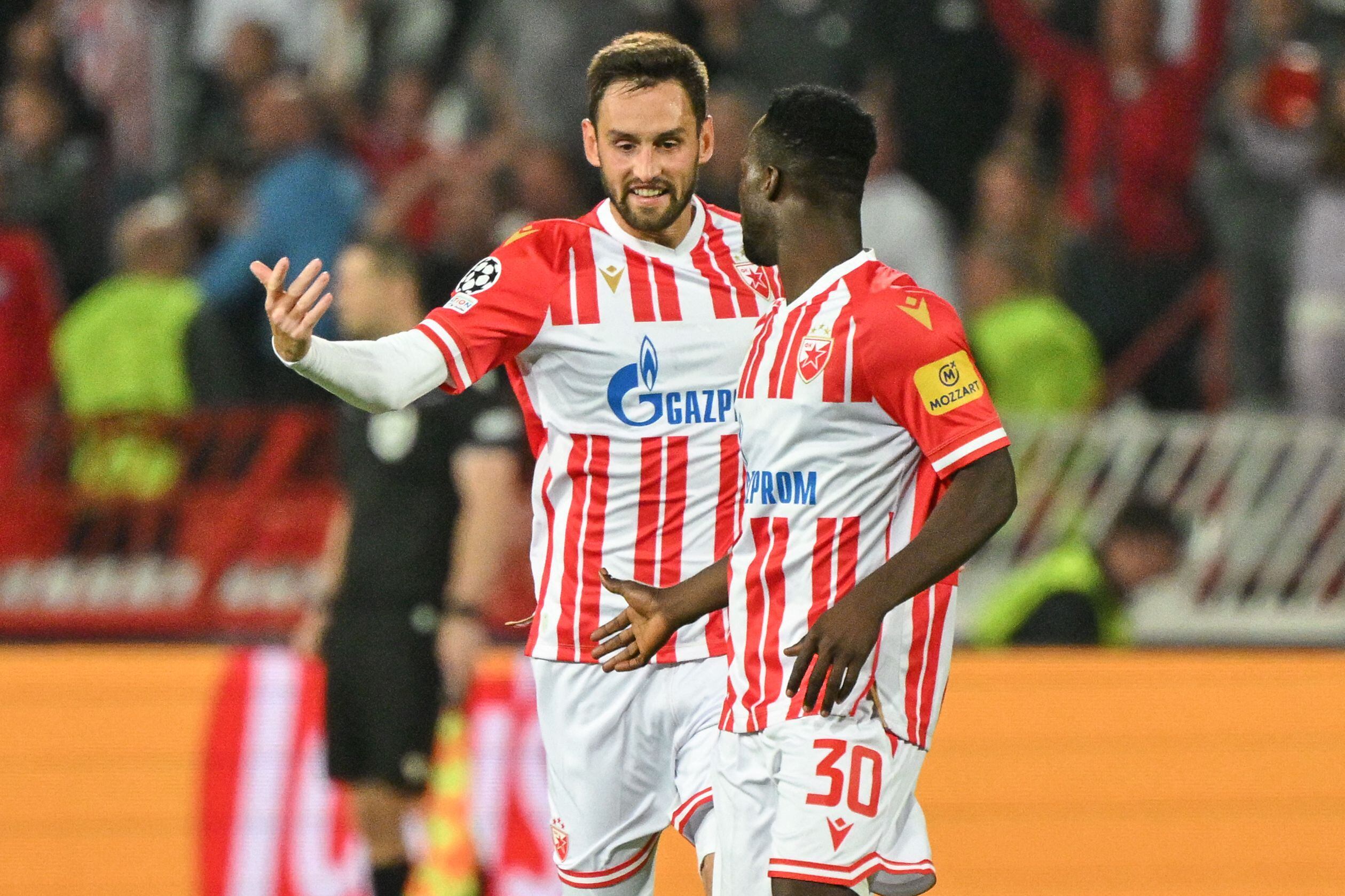 Red Star's Ghanaian forward #30 Osman Bukari celebrates scoring his team's second goal during the UEFA Champions League 1st round day 2 Group G football match between FC Crvena Zvezda (Red Star Belgrade) and BSC Young Boys Bern at the Red Star Stadium in Belgrade on October 4, 2023. (Photo by ANDREJ ISAKOVIC / AFP)