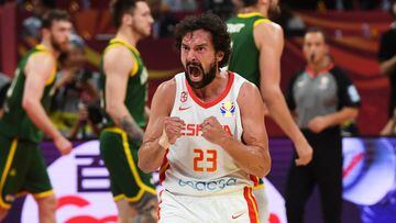 Spain&#039;s Sergio Llull reacts during the Basketball World Cup semi-final game between Australia and Spain in Beijing on September 13, 2019. (Photo by Greg BAKER / AFP)