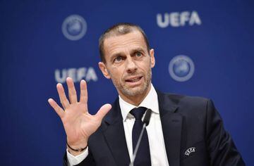 UEFA president Aleksander Ceferin gestures during a press conference following a meeting of the executive committee at the UEFA headquarters, in Nyon, Switzerland on December 4, 2019.