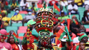 Burkina Faso football supprters are seen ahead of the opening ceremony of the Africa Cup of Nations (CAN) 2021 football tournament at Stade d&#039;Olemb&eacute; in Yaounde on January 9, 2022. (Photo by KENZO TRIBOUILLARD / AFP)