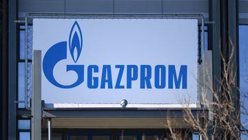 GELSENKIRCHEN, GERMANY - FEBRUARY 28: Gazprom advertising boards at the entrance to the Veltins Arena on February 28, 2022 in Gelsenkirchen, Germany. With the approval of the supervising board, the executive board of FC Schalke 04 has decided to terminate