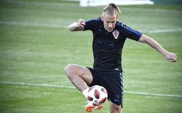 Croatia's defender Domagoj Vida controls the ball as he takes part in a training session of Croatia's national football team at the Luzhniki training field, in Moscow, on July 9, 2018 ahead of their Russia 2018 semi-final football match against England