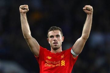 Henderson of Liverpool celebrates victory after the full time whistle in the Premier League match between Chelsea and Liverpool at Stamford Bridge