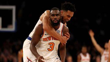 NEW YORK, NY - NOVEMBER 15: Tim Hardaway Jr. #3 of the New York Knicks is congratulated by teammate Courtney Lee #5 after Hardaway Jr. hit a three point shot in the final minutes of the game against the Utah Jazz at Madison Square Garden on November 15, 2017 in New York City. NOTE TO USER: User expressly acknowledges and agrees that, by downloading and or using this Photograph, user is consenting to the terms and conditions of the Getty Images License Agreement   Elsa/Getty Images/AFP == FOR NEWSPAPERS, INTERNET, TELCOS &amp; TELEVISION USE ONLY ==