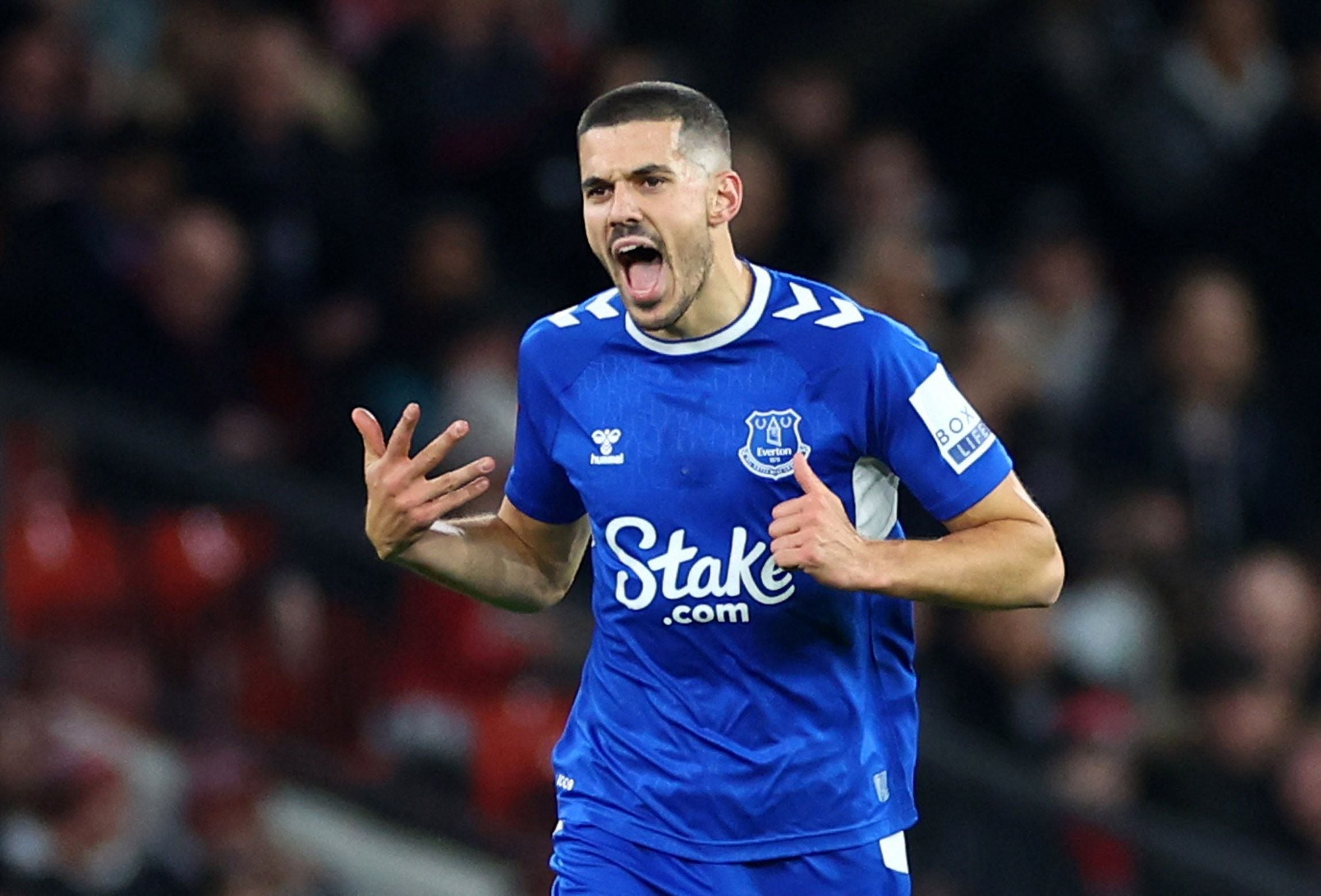 Soccer Football - FA Cup Third Round - Manchester United v Everton - Old Trafford, Manchester, Britain - January 6, 2023 Everton's Conor Coady celebrates scoring their first goal REUTERS/Carl Recine