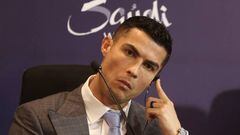 Portuguese forward Cristiano Ronaldo attends a press conference at the Mrsool Park Stadium in the Saudi capital Riyadh on January 3, 2023, ahead of the unveiling ceremony. (Photo by Fayez Nureldine / AFP) (Photo by FAYEZ NURELDINE/AFP via Getty Images)