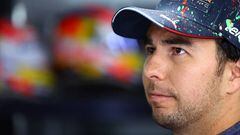 LE CASTELLET, FRANCE - JULY 24: Sergio Perez of Mexico and Oracle Red Bull Racing looks on in the garage ahead of the F1 Grand Prix of France at Circuit Paul Ricard on July 24, 2022 in Le Castellet, France. (Photo by Mark Thompson/Getty Images)