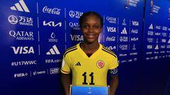 GOA, INDIA - OCTOBER 18: Linda Caicedo of Colombia pictured with the 'Player of the Match' award after the FIFA U-17 Women's World Cup 2022 Group C match between Colombia and Mexico at Pandit Jawaharlal Nehru Stadium on October 18, 2022 in Goa, India. (Photo by Matthew Lewis - FIFA/FIFA via Getty Images)