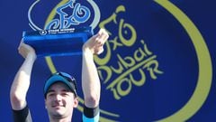 Italian Cyclist Elia Viviani of Team SKY jubilates with the winners trophy on the podium after winning the the second stage of Dubai Tour 2016.