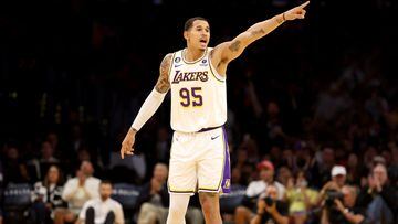 Oct 23, 2022; Los Angeles, California, USA;  Los Angeles Lakers forward Juan Toscano-Anderson (95) points during the third quarter against the Portland Trail Blazers at Crypto.com Arena. Mandatory Credit: Kiyoshi Mio-USA TODAY Sports