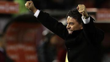 River Plate's coach Marcelo Gallardo celebrates the team's second goal during the all-Argentine Copa Libertadores semifinal first leg football match against Boca Juniors at the Monumental stadium in Buenos Aires, on October 1, 2019. (Photo by ALEJANDRO PA