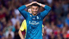 BARCELONA, SPAIN - AUGUST 13: Cristiano Ronaldo of Real Madrid CF reacts as he is shown a red card during the Supercopa de Espana Supercopa Final 1st Leg match between FC Barcelona and Real Madrid at Camp Nou on August 13, 2017 in Barcelona, Spain. (Photo