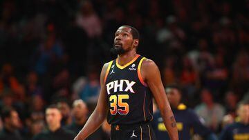 Apr 6, 2023; Phoenix, Arizona, USA; Phoenix Suns forward Kevin Durant (35) against the Denver Nuggets in the first half at Footprint Center. Mandatory Credit: Mark J. Rebilas-USA TODAY Sports