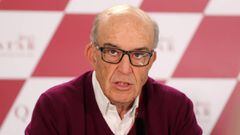 Dorna CEO Carmelo Ezpeleta of Spain speaks during a press conference at Losail Circuit in Doha on March 7, 2019 (Photo by KARIM JAAFAR / AFP)