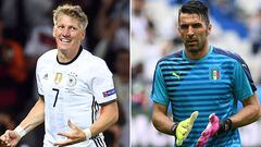 (COMBO) This combination of file pictures made on June 28, 2016 shows Germany&#039;s midfielder and captain Bastian Schweinsteiger (L) in Villeneuve-d&#039;Ascq near Lille on June 12, 2016, and Italy&#039;s goalkeeper and captain Gianluigi Buffon in Saint
