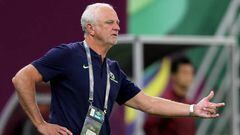 Australia's coach Graham Arnold reacts during the FIFA World Cup 2022 play-off qualifier football match between UAE and Australia at Ahmad bin Ali stadium in Qatar's Ar-Rayyan on June 7, 2022. (Photo by Mustafa ABUMUNES / AFP) (Photo by MUSTAFA ABUMUNES/AFP via Getty Images)