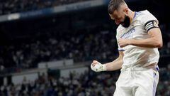 MADRID, SPAIN - MAY 12: Karim Benzema of Real Madrid celebrates 2-0  during the La Liga Santander  match between Real Madrid v Levante at the Santiago Bernabeu on May 12, 2022 in Madrid Spain (Photo by David S. Bustamante/Soccrates/Getty Images)