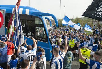 Real Sociedad fans cheer the team on their way down to Seville for the Copa del Rey final.
