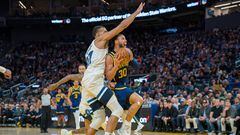 Mar 26, 2023; San Francisco, California, USA;  Golden State Warriors guard Stephen Curry (30) drives to the net against Minnesota Timberwolves center Rudy Gobert (27) during the third quarter at Chase Center. Mandatory Credit: Neville E. Guard-USA TODAY Sports