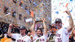HOUSTON, TEXAS - NOVEMBER 07: Jose Altuve #27, Alex Bregman #2, Justin Verlander #35, Yuli Gurriel #10 and Lance McCullers Jr. #43 of the Houston Astros participate in the World Series Parade on November 07, 2022 in Houston, Texas. (Photo by Carmen Mandato/Getty Images)