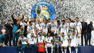 Real Madrid celebrate winning their third Champions League triumph in a row after beating Liverpool in the 2018 final.