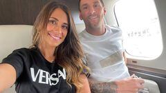 Argentine soccer player Lionel Messi and his wife Antonela Roccuzzo pose inside their private jet en route to Paris, in Barcelona, Spain August 10, 2021.  Instagram/Antonelaroccuzzo/via REUTERS  ATTENTION EDITORS - THIS IMAGE HAS BEEN SUPPLIED BY A THIRD PARTY. NO RESALES. NO ARCHIVES. MANDATORY CREDIT