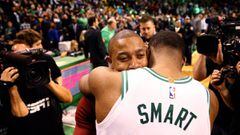 BOSTON, MA - JANUARY 3: Isaiah Thomas #3 of the Cleveland Cavaliers hugs Marcus Smart #36 of the Boston Celtics after the Celtics defeat the Cavaliers 102-88 at TD Garden on January 3, 2018 in Boston, Massachusetts.   Maddie Meyer/Getty Images/AFP == FOR
