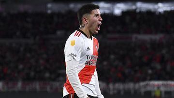 BUENOS AIRES, ARGENTINA - MAY 11: Enzo Fernandez of River Plate celebrates after scoring the first goal of his team during a quarterfinal match of Copa De la Liga 2022 between River Plate and Tigre at Estadio Monumental Antonio Vespucio Liberti on May 11,