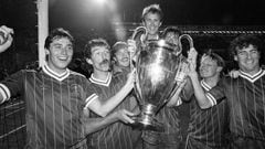 1984 European Cup Final at Stadio Olimpico, Rome. Liverpool 1-1 As Roma. Liverpool won 4-2 on penalties. Liverpool players left to right: Michael Robinson, Graeme Souness, David Hodgson, Phil, Neal, Mark Lawrenson, Sammy Lee and Craig Johnston celebrate w