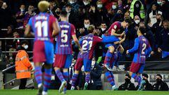 Barcelona&#039;s French forward Ousmane Dembele (2nd-R) celebrates with teammates after scoring his team&#039;s second goal during the Spanish league football match between FC Barcelona and Athletic Club Bilbao at the Camp Nou stadium in Barcelona on Febr