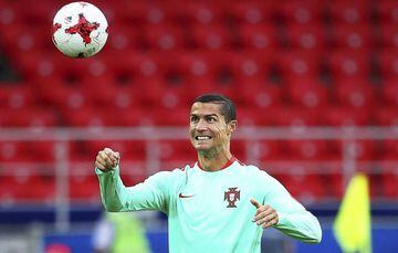 Cristiano Ronaldo in training with Portugal in Moscow yesterday.