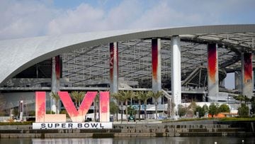 Feb 1, 2022; Inglewood, CA, USA; The Super Bowl LVI numerals logo is seen at SoFi Stadium. Super Bowl 56 between the Los Angeles Rams and the Cincinnati Bengals will be played on Feb. 13, 2022. Mandatory Credit: Kirby Lee-USA TODAY Sports