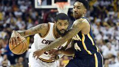 Apr 17, 2017; Cleveland, OH, USA; Cleveland Cavaliers guard Kyrie Irving (2) drives to the basket against Indiana Pacers guard Jeff Teague (44) during the second half in game two of the first round of the 2017 NBA Playoffs at Quicken Loans Arena. The Cavs