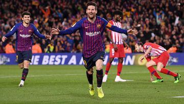 BARCELONA, SPAIN - APRIL 06:  Lionel Messi of Barcelona celebrates after scoring his team&#039;s second goal during the La Liga match between FC Barcelona and  Club Atletico de Madrid at Camp Nou on April 06, 2019 in Barcelona, Spain. (Photo by Alex Capar